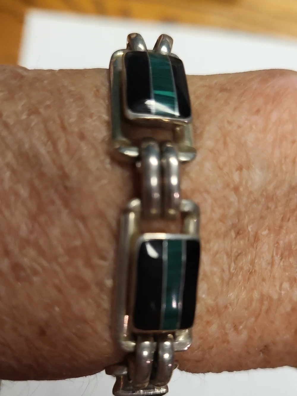 Estate Sterling Silver Malachite   and Black Onxy 8
